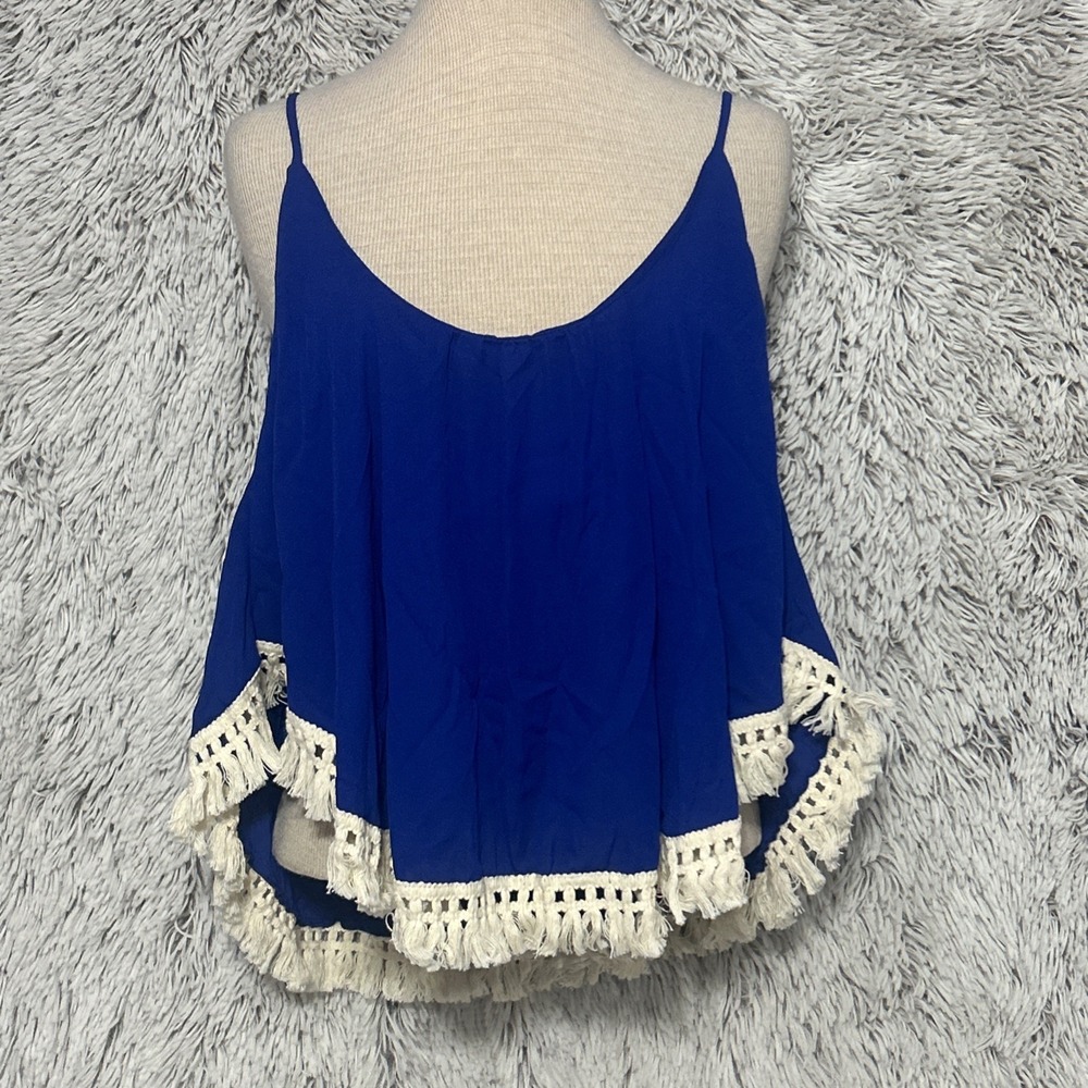 Crop Top Flowy Loose Crochet Fringe Blue Taffeta Small Boho Festival Peach Love